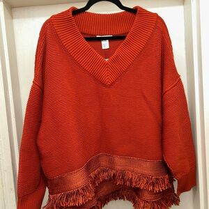 Oscar de la Renta Rust V-Neck Fringe Blouse